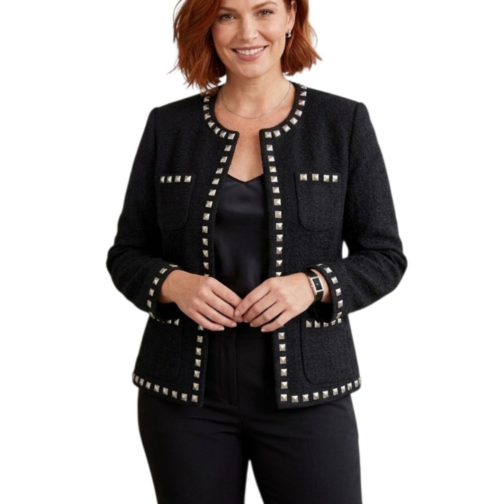 Chico's I Classic Shantal Black Boucle Jacket With Silver Studs Careerwear M/8